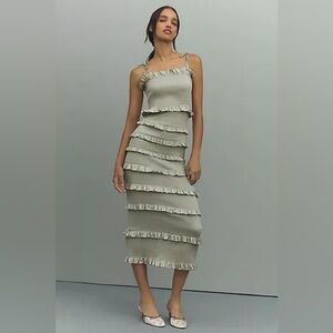 Anthropologie V. Chapman Lily Ruched & Ruffled Stretch Satin Midi Dress